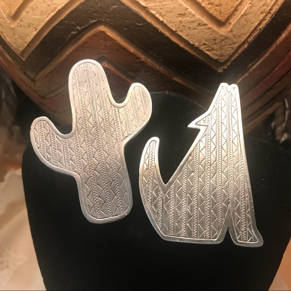 Vintage Pewter Pin Pair - JJ coyote & ? cactus